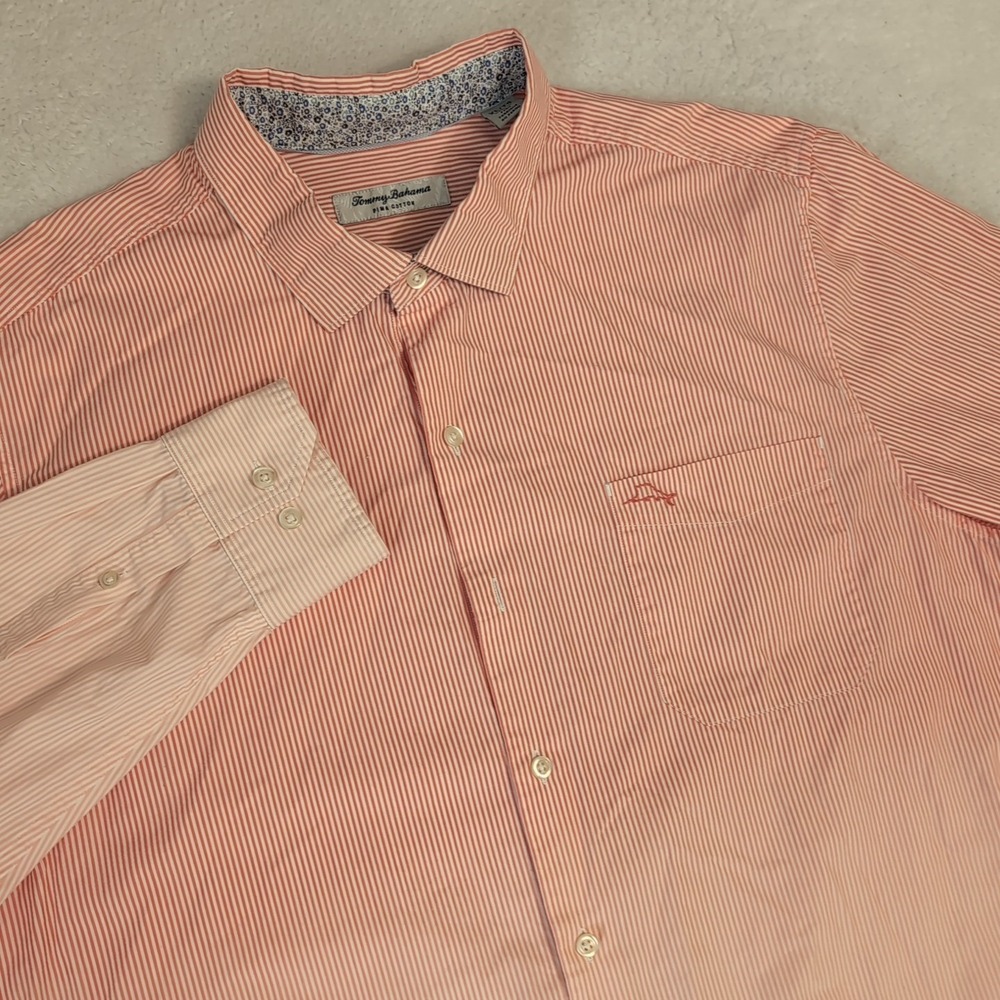 Tommy Bahama Long Sleeve Ombre Striped Fadeaway Beach Shirt Men XL Pink White‎